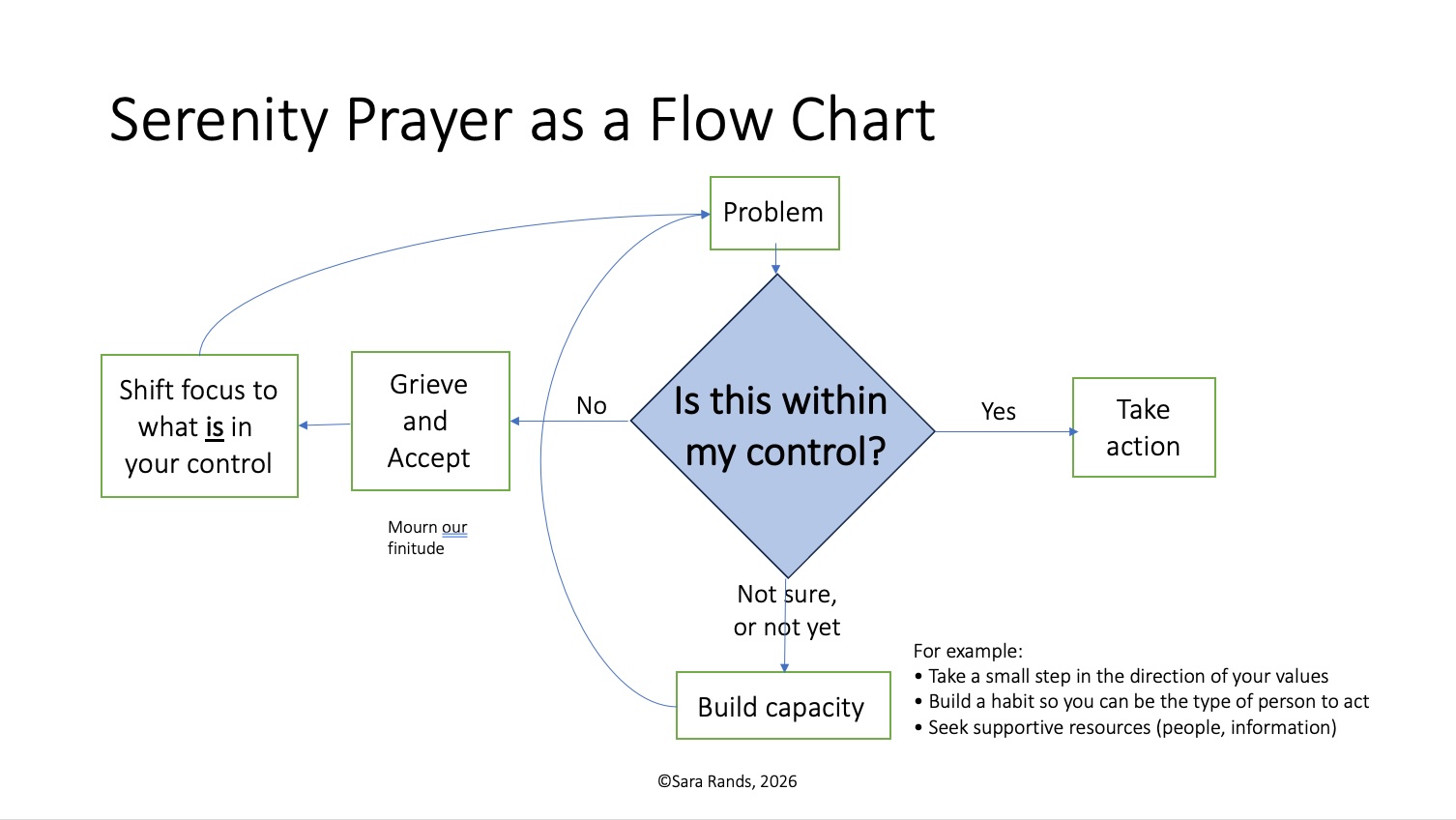 Flow chart based on the Serenity Prayer asking: “Is this under my control?” If yes, take action. If no, practice grief and acceptance before refocusing on what you can change.